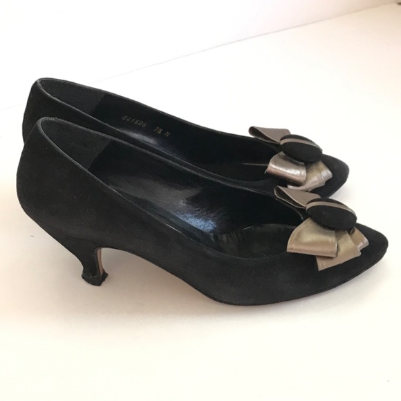 PALIZZIO Vintage Classic Pump Leather Heels Bow Metallic Gold Black Size 7.5 - Picture 4 of 16
